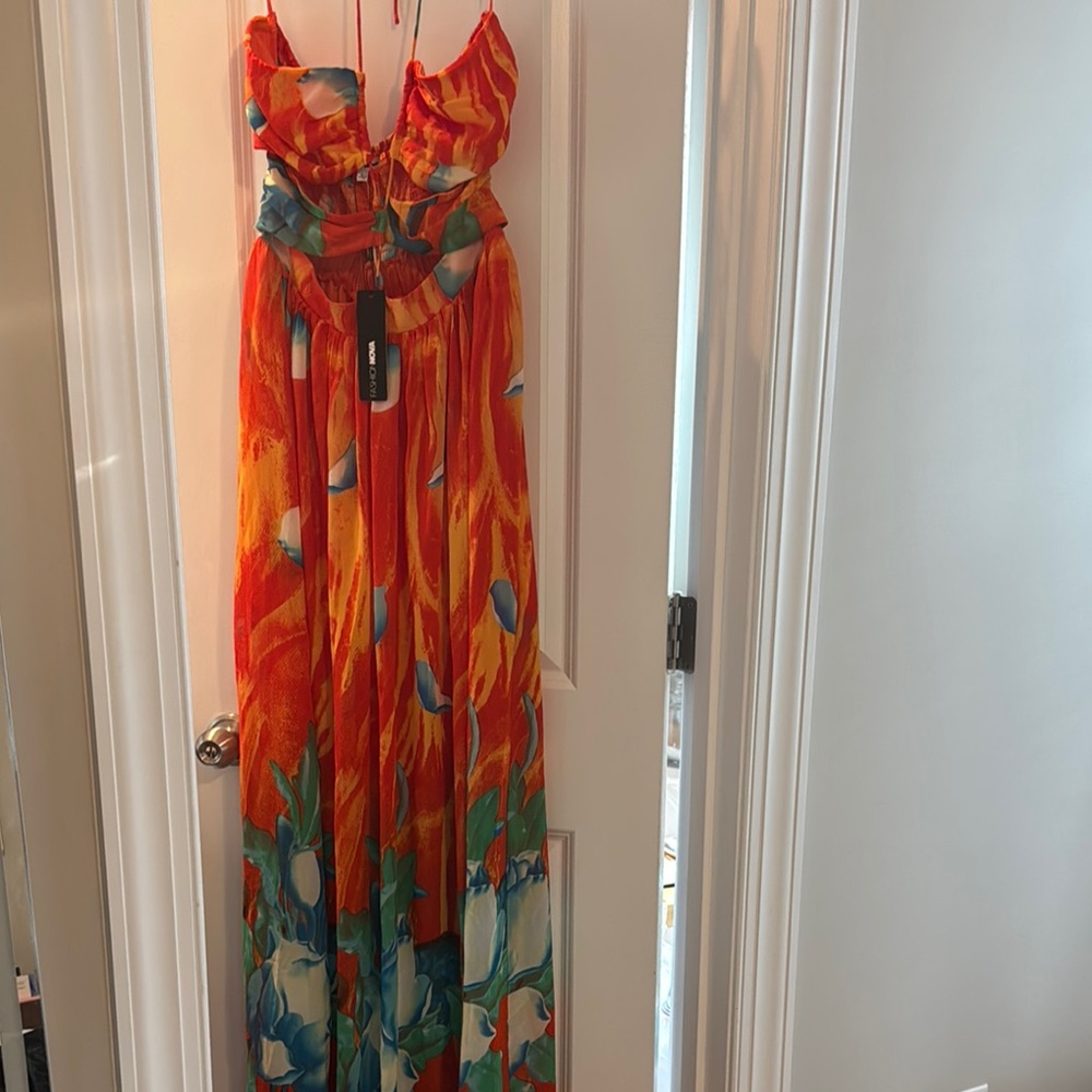 Fashion Nova “Lemon Drop” Fiery Orange and Blue Maxi Dress